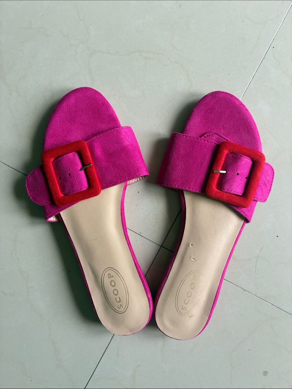 Scoop Bright Pink Suede Slide Mules with Red Buckle